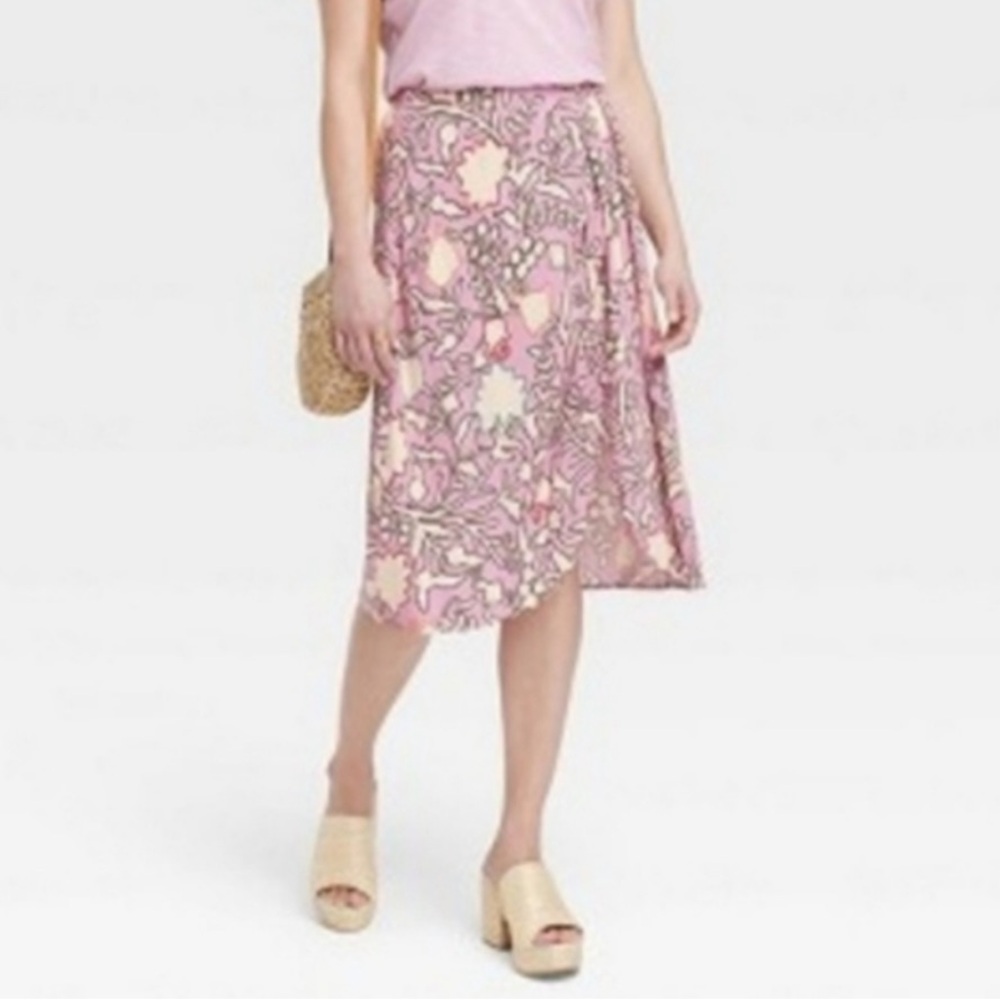 Knox rose Pink and Cream Floral midi skirt size medium faux wrap NEW